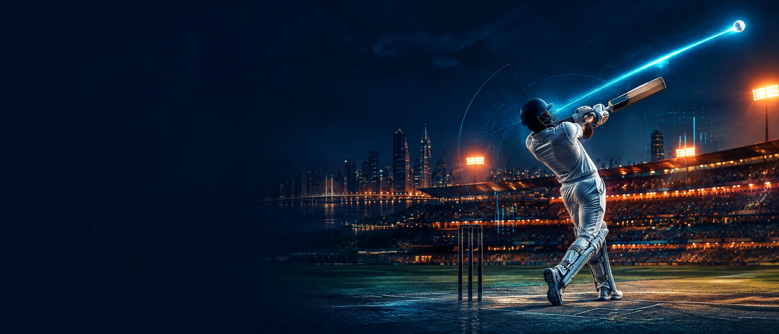 A generic cricket batter striking a ball in a floodlit stadium